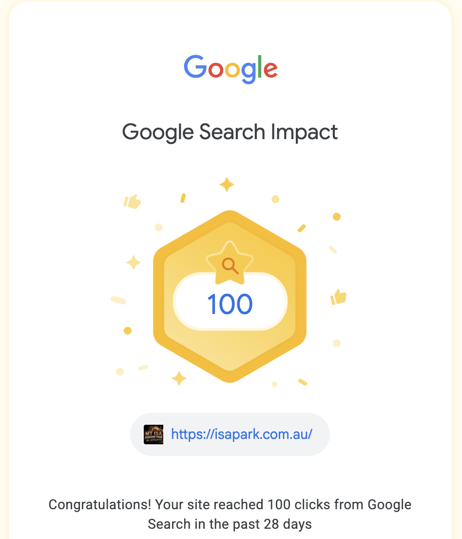 Google Search Console milestone email showing 100 clicks in 28 days